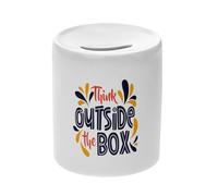 Tirelire Céramique Blanche - Think Outside The Box Typographie Message Citation Start up - Boîte à Monnaie avec Bouchon Décoration Chambre Imprimé en France