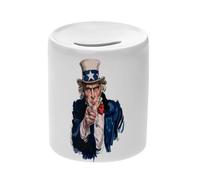Tirelire Céramique Blanche - Uncle Sam US Army Etats Unis Guerre du Vietnam 70's - Boîte à Monnaie avec Bouchon Décoration Chambre Imprimé en France