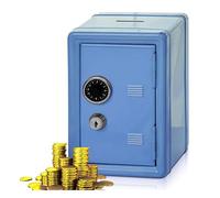 Tirelire coffre-fort mini métal 2 clés H:18 cm L:12 cm l:9,5 cm boîte à monnaie économie (bleu)