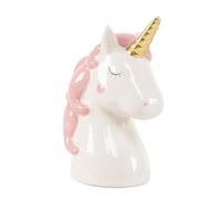 Tirelire décorative licorne en céramique, design blanc avec rose, corne dorée, 13,8 x 9,5 x 18,5 cm