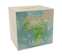 Tirelire en bois avec carte africaine et inscription en allemand « travel Through Afrika » comme cadeau pour les vacanciers qui veulent voyager en Afrique et ont besoin d'argent pour le vol et