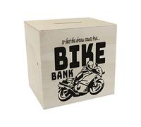 Tirelire en bois Bike Bank de couleur noire, sur le thème de la moto et de l'achat d'une moto. Un merveilleux cadeau pour les personnes économes qui ont un rêve de moto ou qui veulent en créer une