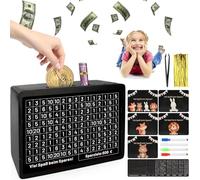Tirelire en Bois Réutilisable avec 8 Autocollants Objectif d'Épargne 500€- 10000€, Caisse d'épargne pour Aider Les Adultes et Enfants à Commencer à Economiser, Aucun Assemblage Requis (Noir)