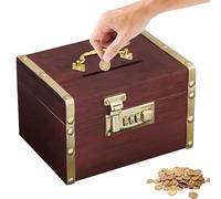 Tirelire en bois vintage avec serrure à combinaison - Pour anniversaire d'enfant et adulte - 15 x 9,5 x 9,5 cm