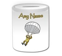 Tirelire en forme d’armée (thème militaire, blanc) - n'importe quel nom/message sur votre unique - Tirelire - Soldat des Forces armées de la guerre mondiale, armes de combat parachute infanterie