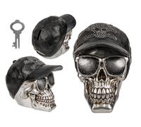 Out of the blue Tirelire en polyrésine argentée avec Serrure - Tête de Mort avec Casquette - Environ 16 x 13 cm