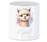 Tirelire pour enfant avec nom, personnalisable, motif animal alpaga, cadeau pour anniversaire, Noël, naissance et baptême - Tirelire en argent et exauceur de souhaits