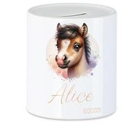 Tirelire pour enfant avec nom, personnalisable, motif animal, cheval - Cadeau pour anniversaire, Noël, naissance et baptême - Tirelire en argent et exauceur de souhaits