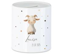 Tirelire pour enfant avec nom, personnalisable, motif animal, chèvre, cadeau pour anniversaire, Noël, naissance et baptême - Tirelire en argent et exauceur de souhaits