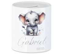 Tirelire pour enfant avec nom, personnalisable, motif animal, éléphant - Cadeau pour anniversaire, Noël, naissance et baptême - Tirelire en argent et exauceur de souhaits