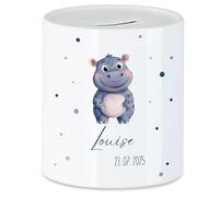 Tirelire pour enfant avec nom, personnalisable, motif animal, hippopotame, cadeau pour fille et garçon, anniversaire, Noël, naissance et baptême - Tirelire en argent et exauceur de souhaits