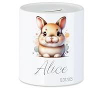 Tirelire pour enfant avec nom personnalisable, motif animal, lapin - Cadeau pour anniversaire, Noël, naissance et baptême - Tirelire en argent et exauceur de souhaits