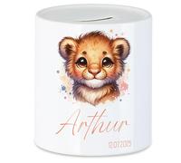 Tirelire pour enfant avec nom, personnalisable, motif animal, lion, cadeau pour anniversaire, Noël, naissance et baptême - Tirelire en argent et exauceur de souhaits