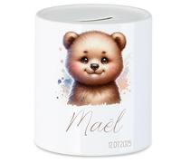 Tirelire pour enfant avec nom, personnalisable, motif animal, ours, cadeau pour anniversaire, Noël, naissance et baptême - Tirelire en argent et exauceur de souhaits
