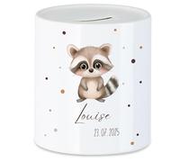 Tirelire pour enfant avec nom, personnalisable, motif animal, raton laveur - Cadeau d'anniversaire pour fille et garçon, Noël, naissance et baptême - Tirelire en argent et exauceur de souhaits