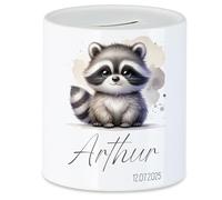 Tirelire pour enfant avec nom personnalisable, motif animal, raton laveur - Cadeau pour anniversaire, Noël, naissance et baptême - Tirelire en argent et exauceur de souhaits