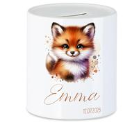 Tirelire pour enfant avec nom, personnalisable, motif animal, renard, cadeau pour anniversaire, Noël, naissance et baptême - Tirelire en argent et exauceur de souhaits