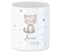 Tirelire pour enfant avec nom, personnalisable, motif chat, cadeau pour anniversaire fille et garçon, anniversaire, Noël, naissance et baptême - Tirelire cochon cadeau d'argent et exauceur de souhaits