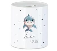 Tirelire pour enfant avec nom personnalisable, motif requin, cadeau pour anniversaire fille et garçon, Noël, naissance et baptême - Tirelire cochon cadeau en argent et exauceur de souhaits