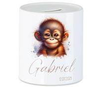 Tirelire pour enfant avec nom, personnalisable, motif singe, cadeau pour anniversaire, Noël, naissance et baptême - Tirelire en argent et exauceur de souhaits