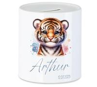 Tirelire pour enfant avec nom, personnalisable, motif tigre, cadeau pour anniversaire, Noël, naissance et baptême - Tirelire en argent et exauceur de souhaits