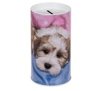 Tirelire pour enfants chiots chiens et chats Tirelire originale en étain avec couvercle Tirelire en étain pour enfants qui peut également être utilisée comme pot à crayons (chien blanc)