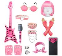 TirEurt Déguisement rock star - Costume punk gothique rockeur pour enfants - 12 pièces - Fête de musique disco des années 80 - Guitare gonflable et micro, tenue Rockstar pour adultes et filles - Rose