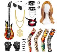 TirEurt Déguisement Rock Star - Costume punk gothique rockeur pour enfants, fête de musique disco des années 80, guitare gonflable, lunettes de soleil noires, collier, tenue Rockstar pour adultes