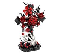Tirff Croix gothique avec roses rouges - 636 blocs de construction - Œuvre d'art gothique créative avec éléments de crâne - Romantique gothique - Kit de briques - Modèle de décoration sombre pour