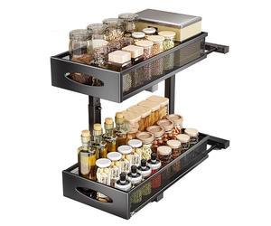 Tiroir Télescopique à 2 Couches Extensible - Étagères de Rangement pour Armoires de Cuisine, Étagères à Tiroirs Coulissantes - Pas de Perçage Ni de Clouage - Noir