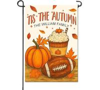 Tis the Autumn Drapeau de jardin personnalisé double face en forme de citrouille avec nom de famille, bienvenue saisonnier
