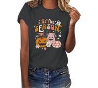 Tis The Season Chemises d'Halloween pour femmes T-shirts drôles citrouille mignons fantômes hauts à manches courtes Costumes d'Halloween adolescentes filles vêtements tendance, gris foncé, M
