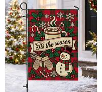 Tis The Season Winter Holiday Snow Man Drapeau de jardin de Noël 30,5 x | Tasse à cacao chaud, drapeau de pelouse, moufles d'hiver, sucre d'orge, baies de houx, flocons de neige, carreaux de ferme