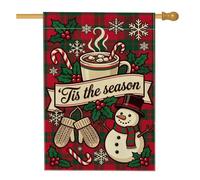 Tis The Season Winter Holiday Snow Man Drapeau de maison de Noël 71 x 101 | Tasse à cacao chaud, drapeau de pelouse, moufles d'hiver, sucre d'orge, baies de houx, flocons de neige, carreaux de ferme