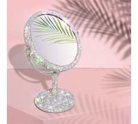 TISHAA Miroir de Maquillage Bling - Support de Luxe - Grossissement x2 - Double Face - Verre cosmétique - Cristal - Strass - Paillettes - Portable - pour Bureau, Salle de Bain, Chambre à Coucher