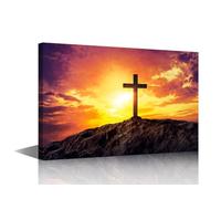 TISHIRON 1 panneau d'impression sur toile - Impression sur toile - Silhouette de croix chrétienne sur la montagne au coucher du soleil - Affiches et impressions pour la décoration murale de la maison,