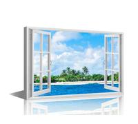TISHIRON 1 panneau sur toile pour chambre à coucher, fausses fenêtres 3D, peintures murales pour salon, plage, bureau, art mural moderne, paysage tropical, impression sur toile encadrée, 61 x 40,6 cm