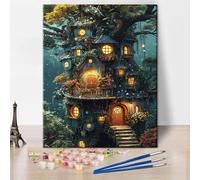 TISHIRON Cabane d'arbre Peinture par numéros pour adultes, forêt fantastique, peinture par numéros pour adultes, peinture acrylique sur toile pour décoration de la maison, artisanat 40 x 50 cm (sans