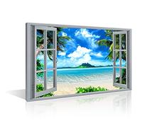 TISHIRON Décoration murale 3D avec fenêtre et vue sur la plage - Décoration murale moderne - Impression sur toile - Cadre en bois - Prêt à accrocher (30,5 x 20,3 cm)