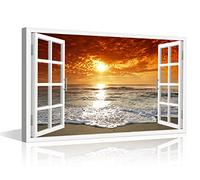 TISHIRON Décoration murale 3D effet fenêtre - Peinture sur toile - Crépuscule plage côtière - Fausse fenêtre - Impression encadrée pour la maison et le bureau - 91,4 x 61 cm - Prêt à accrocher