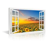 TISHIRON Décoration murale Tournesol 3D vue fenêtre pour salon Impression sur toile Cadre en bois Prêt à accrocher 61 x 40,6 cm