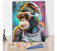 TISHIRON DJ Monkey Kit de peinture par numéros pour adultes - Peinture à l'huile par numéro - Motif singe animal - Avec 3 pinceaux - Sans cadre - 40,6 x 50,8 cm