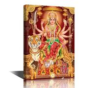TISHIRON Durga Mata Toile murale encadrée et prête à être accrochée Motif dieu hindou avec fond coloré - Affiches de décoration murale pour salon, chambre à coucher - 45,7 x 30,5 cm
