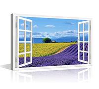 TISHIRON Impression sur toile effet fenêtre 3D Provence Art moderne Scénique rustique pour salon, chambre à coucher, bureau, affiches encadrées prêtes à accrocher - 61 x 40,6 cm (l x H)