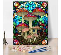 TISHIRON Kit de peinture champignon par numéros pour adultes, vitrail, champignons, peinture par numéros avec pinceaux, couleur champignon abstrait par numéro, pour adultes débutants, 40 x 50 cm, sans