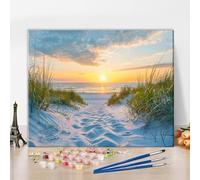 TISHIRON Kit de peinture par numéros pour adultes, coucher de soleil sur toile, sable, herbe et vagues de l'océan à faire soi-même, peinture à l'huile couleur plage et ciel, décoration murale