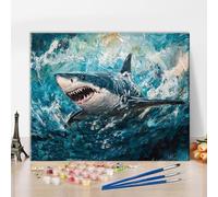 TISHIRON Kit de peinture par numéros sur toile pour adultes, requin majestueux par numéro, requin nageant dans les vagues de mer peinture par numéros pour adultes, peinture sur toile à faire soi-même