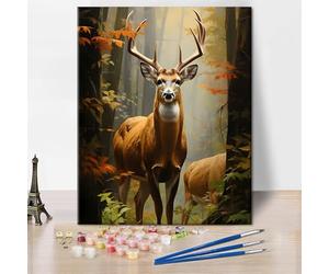 TISHIRON Modèles de coloriage naturels par numéros - Cerf de Suède dans la forêt - Pour adultes - Avec pinceaux et pigments - Artisanat - Peinture à l'huile avec animaux sauvages - 40 x 50 cm