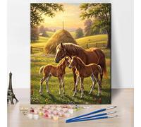 TISHIRON Peinture animale par numéros, cheval avec deux poulains au premier plan, coupé en deux, avec meule de foin peinture par numéros avec pinceaux et pigments, artisanat bricolage peinture à