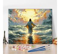 TISHIRON Peinture par numéro Jésus Foi religieuse Soleil et Paysage marin Art mural 40,6 x 51,6